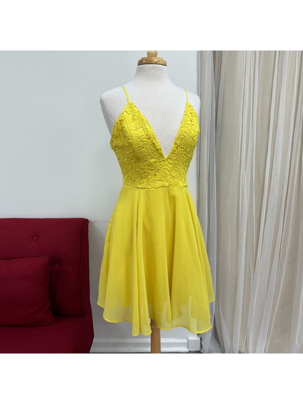 Large Yellow Fit and Flare Summer Chiffon Mini Dress